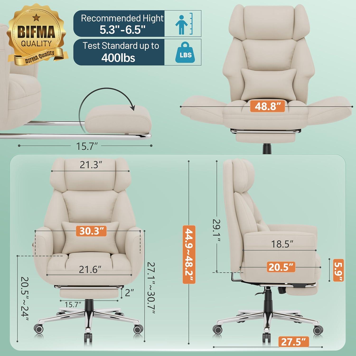 imageGABRYLLY Ergonomic Chair with Footrest Wide Cross Legged Chair with Reversible Armrests 120Tilt Lumbar SupportHeavyDuty Base Big and Tall Executive Chair Plus Black GY82766Ivory