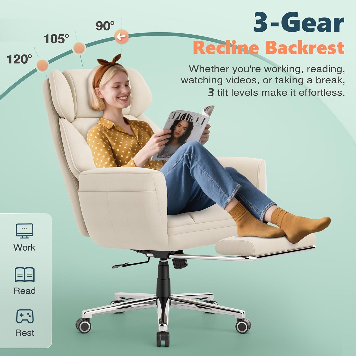 imageGABRYLLY Ergonomic Chair with Footrest Wide Cross Legged Chair with Reversible Armrests 120Tilt Lumbar SupportHeavyDuty Base Big and Tall Executive Chair Plus Black GY82766Ivory