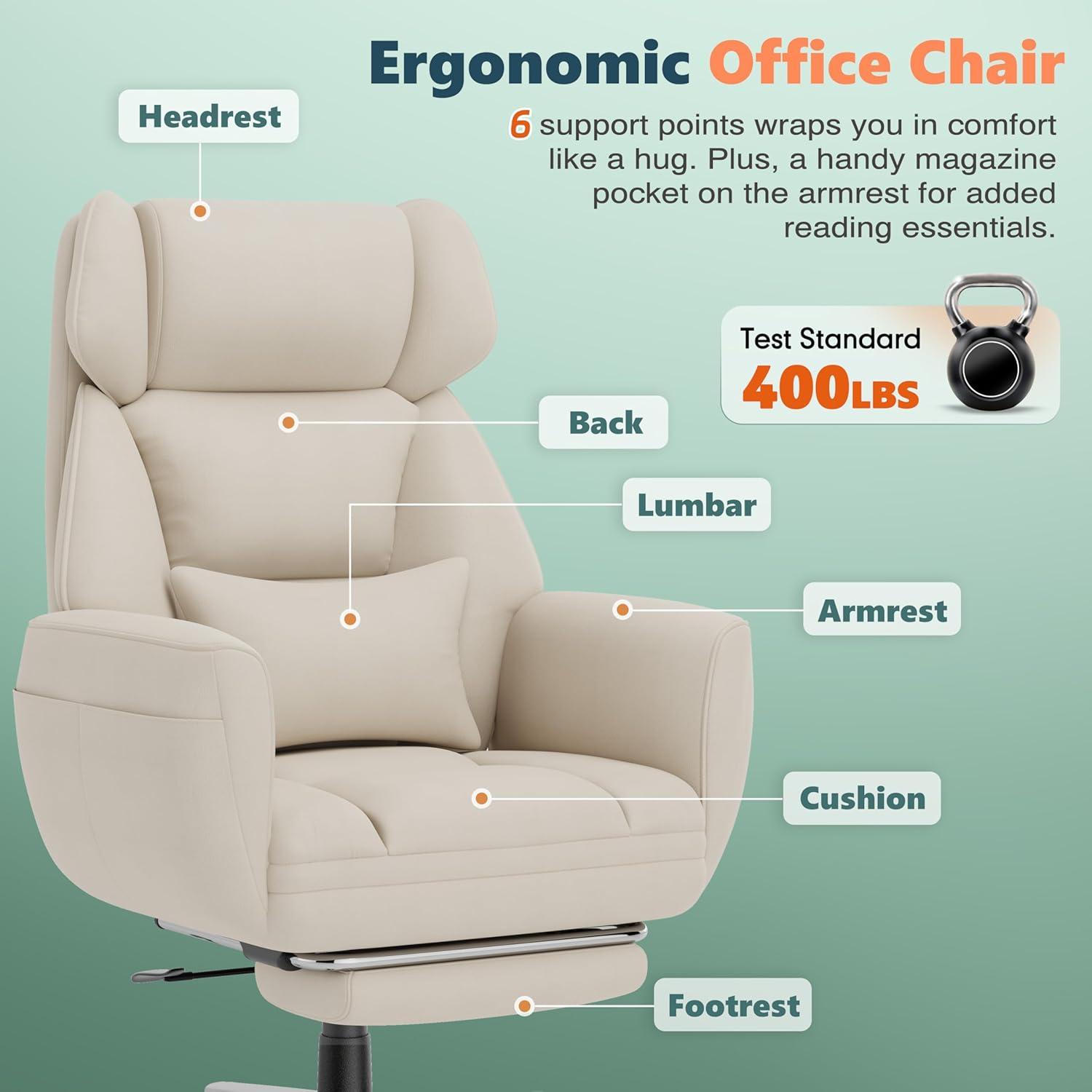 imageGABRYLLY Ergonomic Chair with Footrest Wide Cross Legged Chair with Reversible Armrests 120Tilt Lumbar SupportHeavyDuty Base Big and Tall Executive Chair Plus Black GY82766Ivory