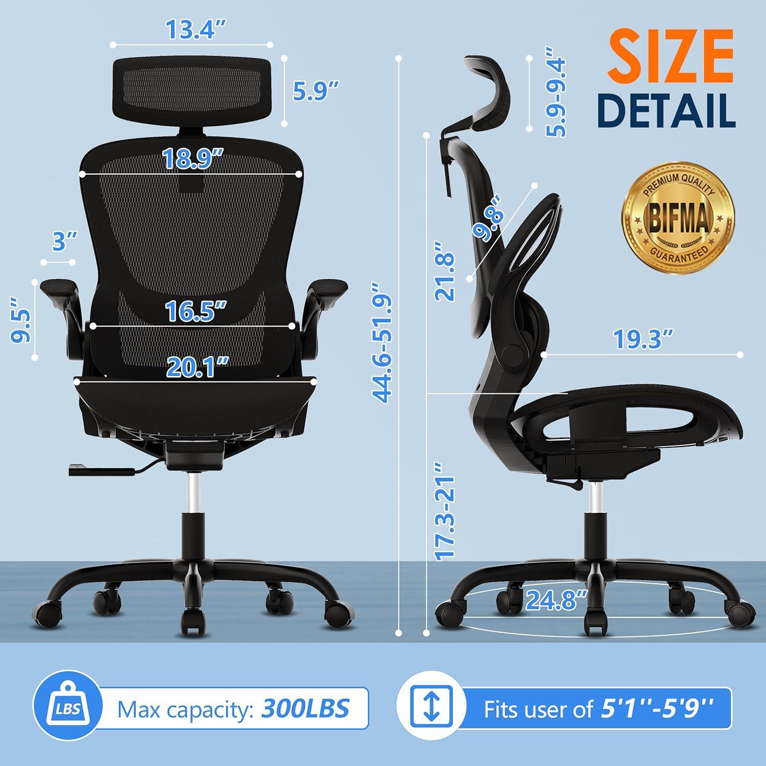 imageGABRYLLY Ergonomic Mesh Office Chair White Desk Chair FlipUp Armrest Adjustable Headrest Tilting with Soft Seat and PU Wheel Elite Home Desk Chair for Work Study Gaming GY1108Black