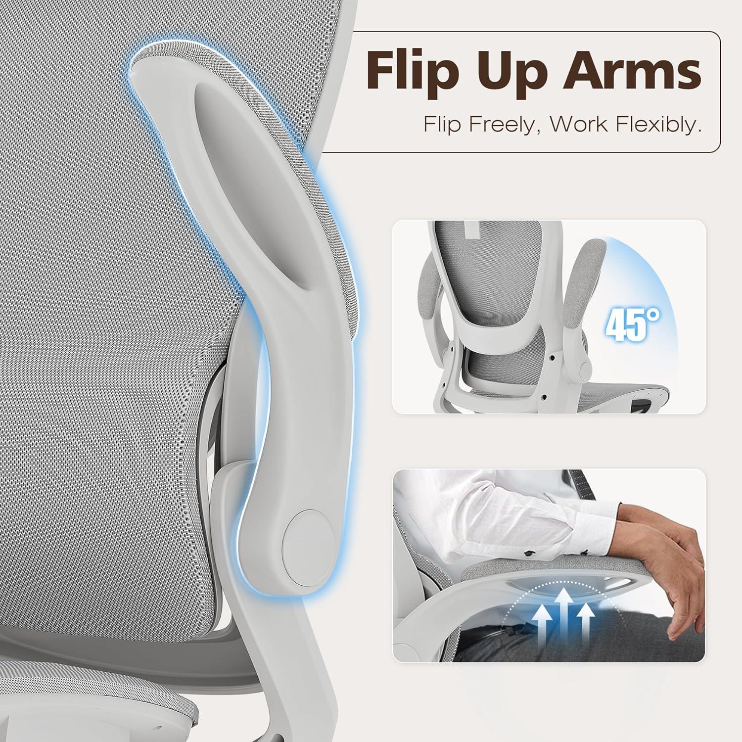 imageGABRYLLY Ergonomic Mesh Office Chair White Desk Chair FlipUp Armrest Adjustable Headrest Tilting with Soft Seat and PU Wheel Elite Home Desk Chair for Work Study Gaming GY1108White Mesh