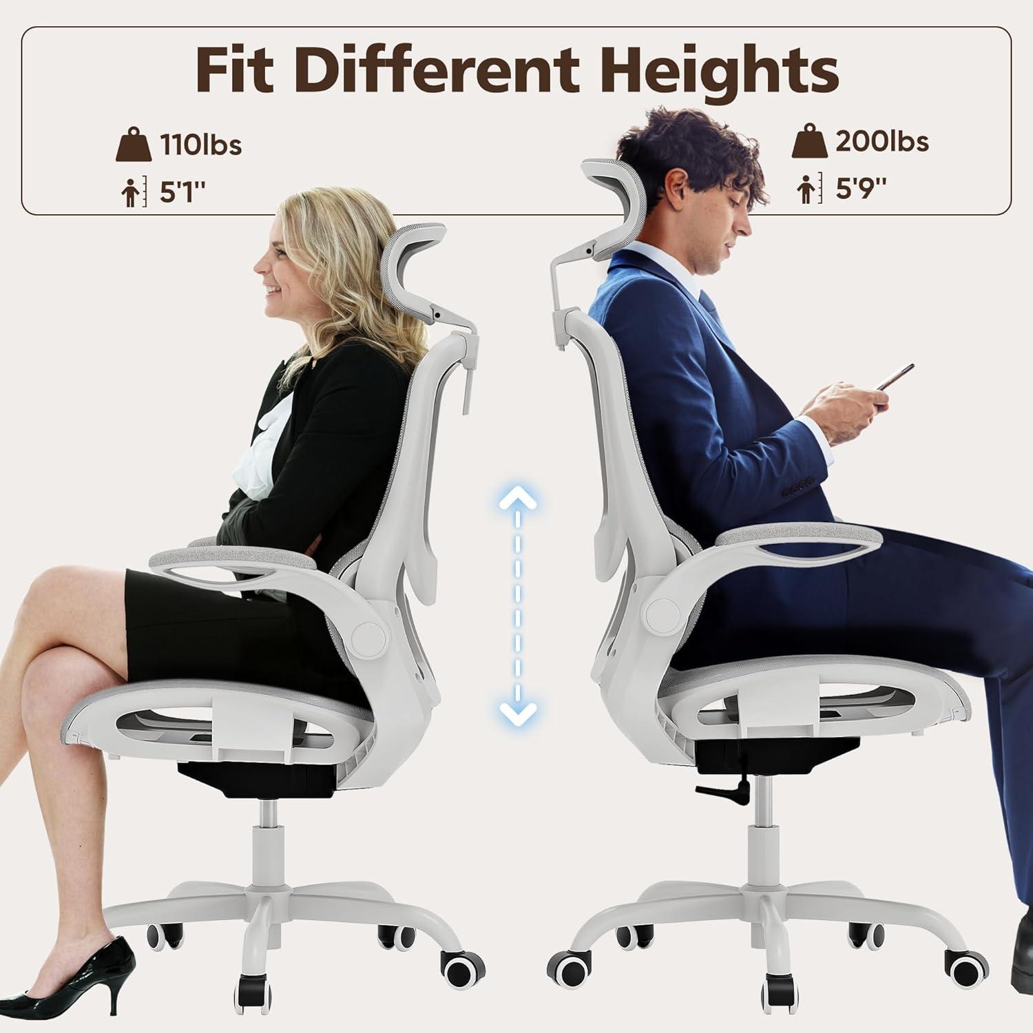 imageGABRYLLY Ergonomic Mesh Office Chair White Desk Chair FlipUp Armrest Adjustable Headrest Tilting with Soft Seat and PU Wheel Elite Home Desk Chair for Work Study Gaming GY1108White Mesh