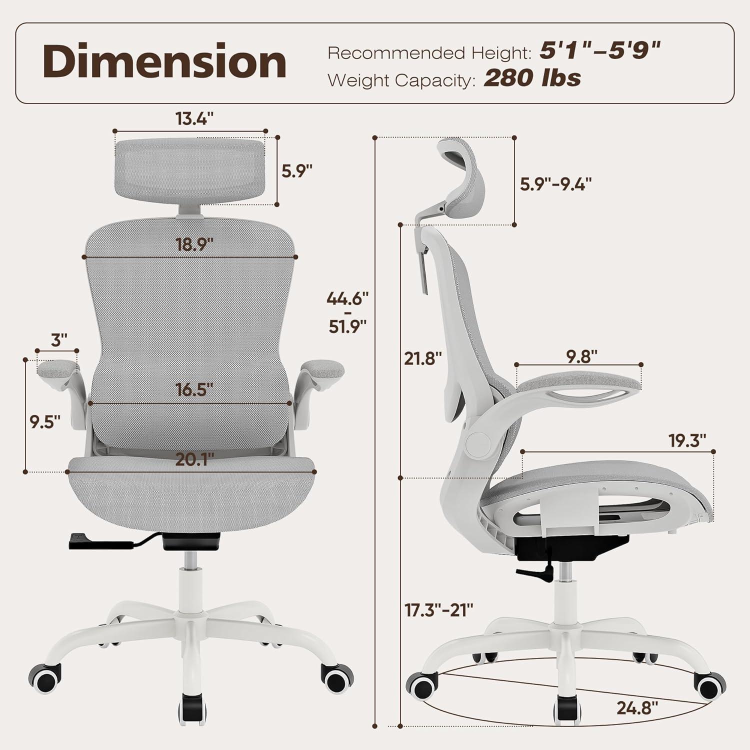 imageGABRYLLY Ergonomic Mesh Office Chair White Desk Chair FlipUp Armrest Adjustable Headrest Tilting with Soft Seat and PU Wheel Elite Home Desk Chair for Work Study Gaming GY1108White Mesh
