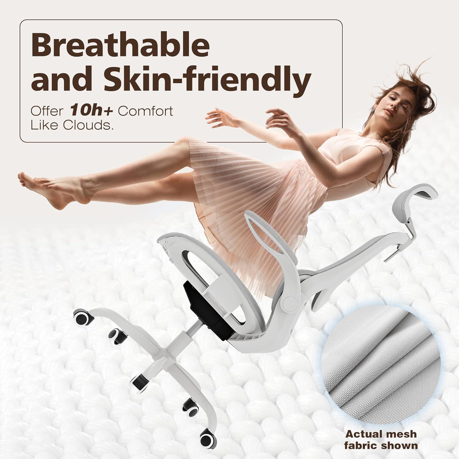 imageGABRYLLY Ergonomic Mesh Office Chair White Desk Chair FlipUp Armrest Adjustable Headrest Tilting with Soft Seat and PU Wheel Elite Home Desk Chair for Work Study Gaming GY1108White Mesh