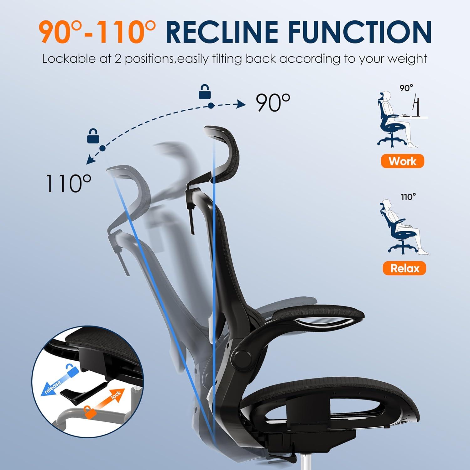 imageGABRYLLY Ergonomic Mesh Office Chair White Desk Chair FlipUp Armrest Adjustable Headrest Tilting with Soft Seat and PU Wheel Elite Home Desk Chair for Work Study Gaming GY1108Black