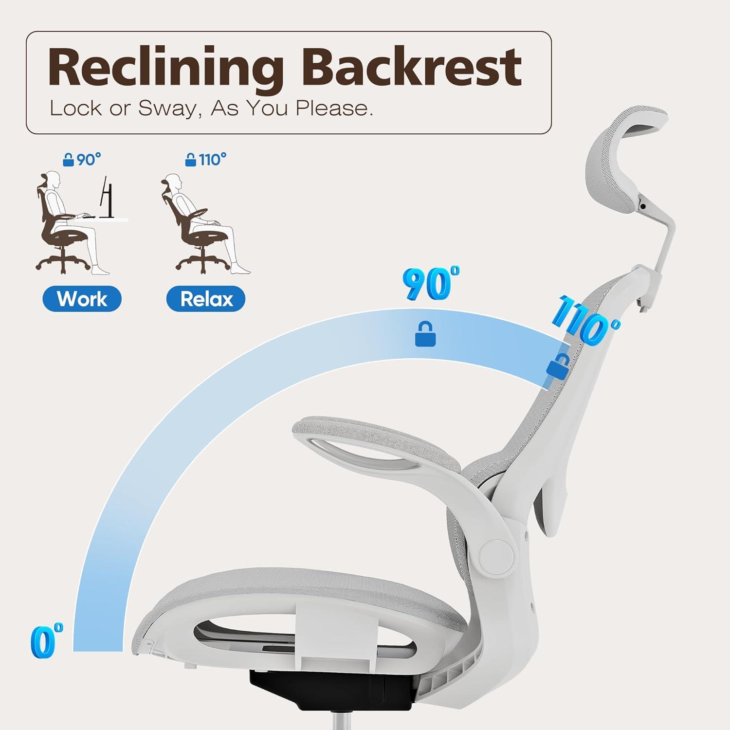 imageGABRYLLY Ergonomic Mesh Office Chair White Desk Chair FlipUp Armrest Adjustable Headrest Tilting with Soft Seat and PU Wheel Elite Home Desk Chair for Work Study Gaming GY1108White Mesh