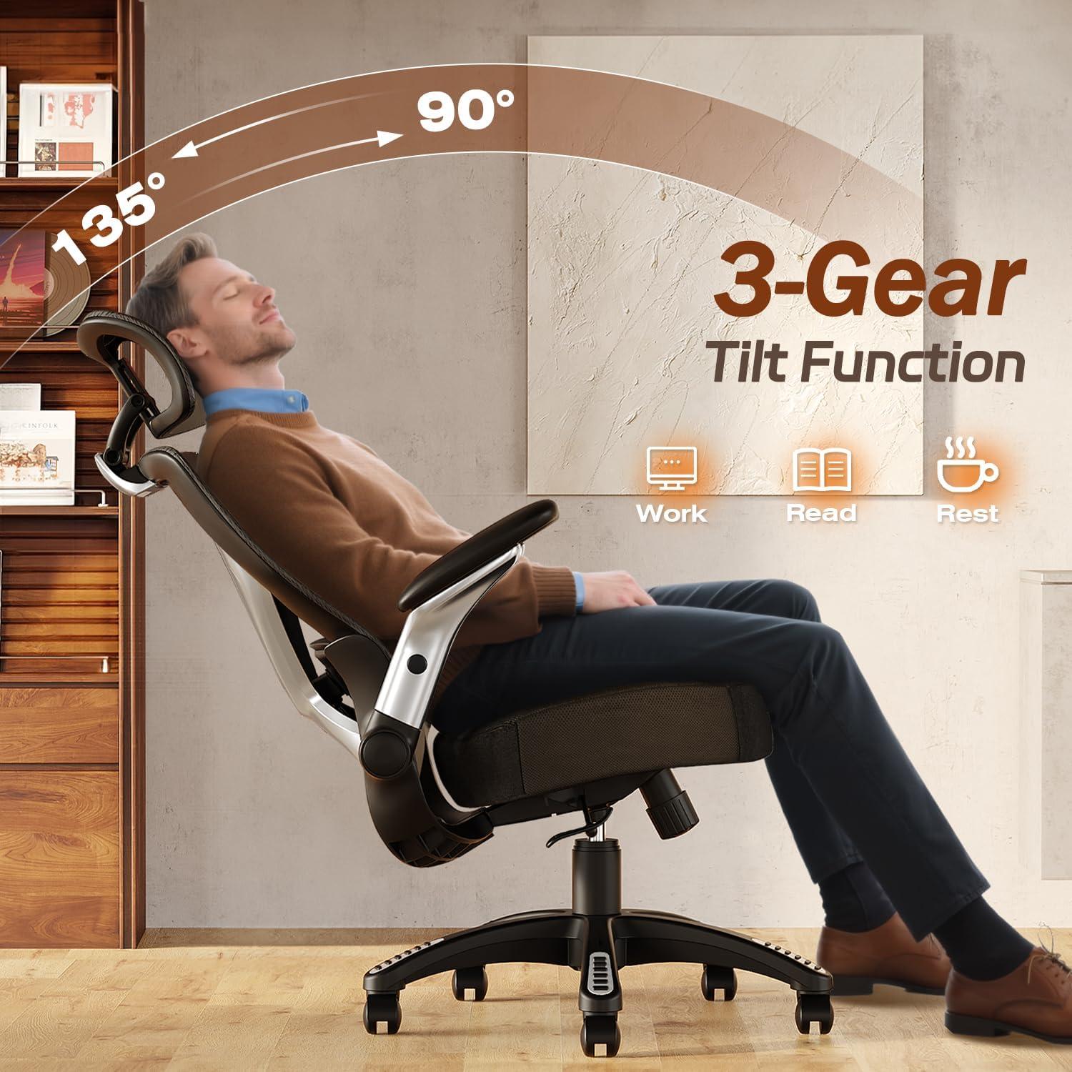 imageGABRYLLY Ergonomic Office Chair Big and Tall Computer Desk Chair 5D Folding Arms 135 Tilt Large ampamp Thick Foam Seat Adjustable Lumbar Support 3D Functional Headrest Heavy Duty Home Mesh Chair