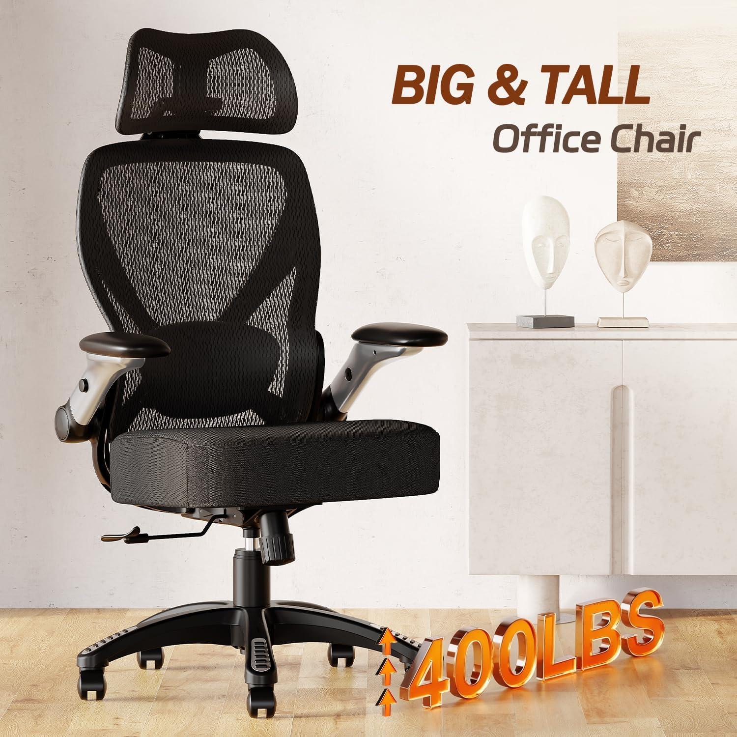 imageGABRYLLY Ergonomic Office Chair Big and Tall Computer Desk Chair 5D Folding Arms 135 Tilt Large ampamp Thick Foam Seat Adjustable Lumbar Support 3D Functional Headrest Heavy Duty Home Mesh Chair