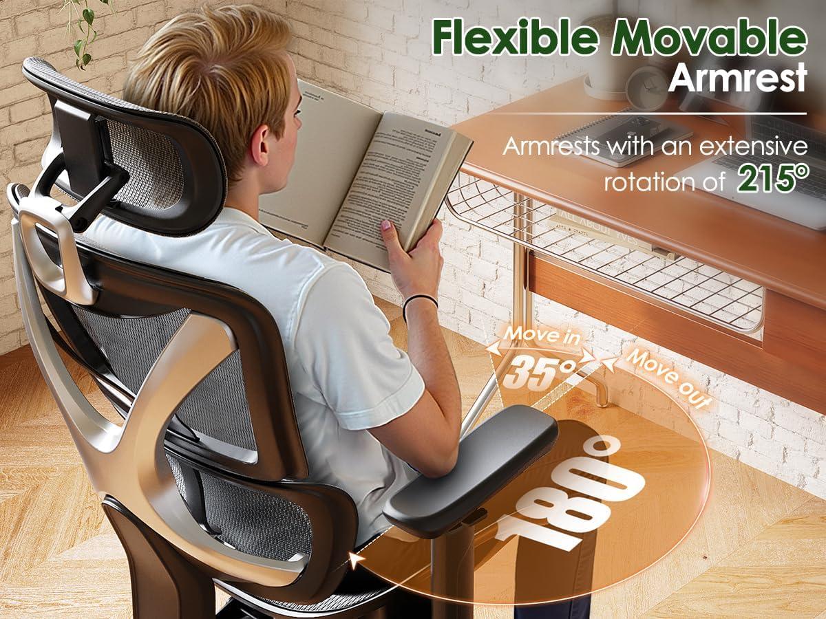 imageGABRYLLY Ergonomic Office Chair Big and Tall Mesh Chair with Lumbar Support 3D armrest 215 Rotation Adjustable Headrest ampamp Soft Seat Durable Computer Chair 350LBS for Work GamingGrey