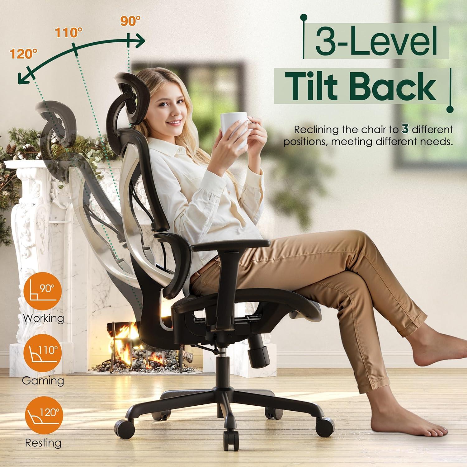 imageGABRYLLY Ergonomic Office Chair Big and Tall Mesh Chair with Lumbar Support 3D armrest 215 Rotation Adjustable Headrest ampamp Soft Seat Durable Computer Chair 350LBS for Work GamingBlack