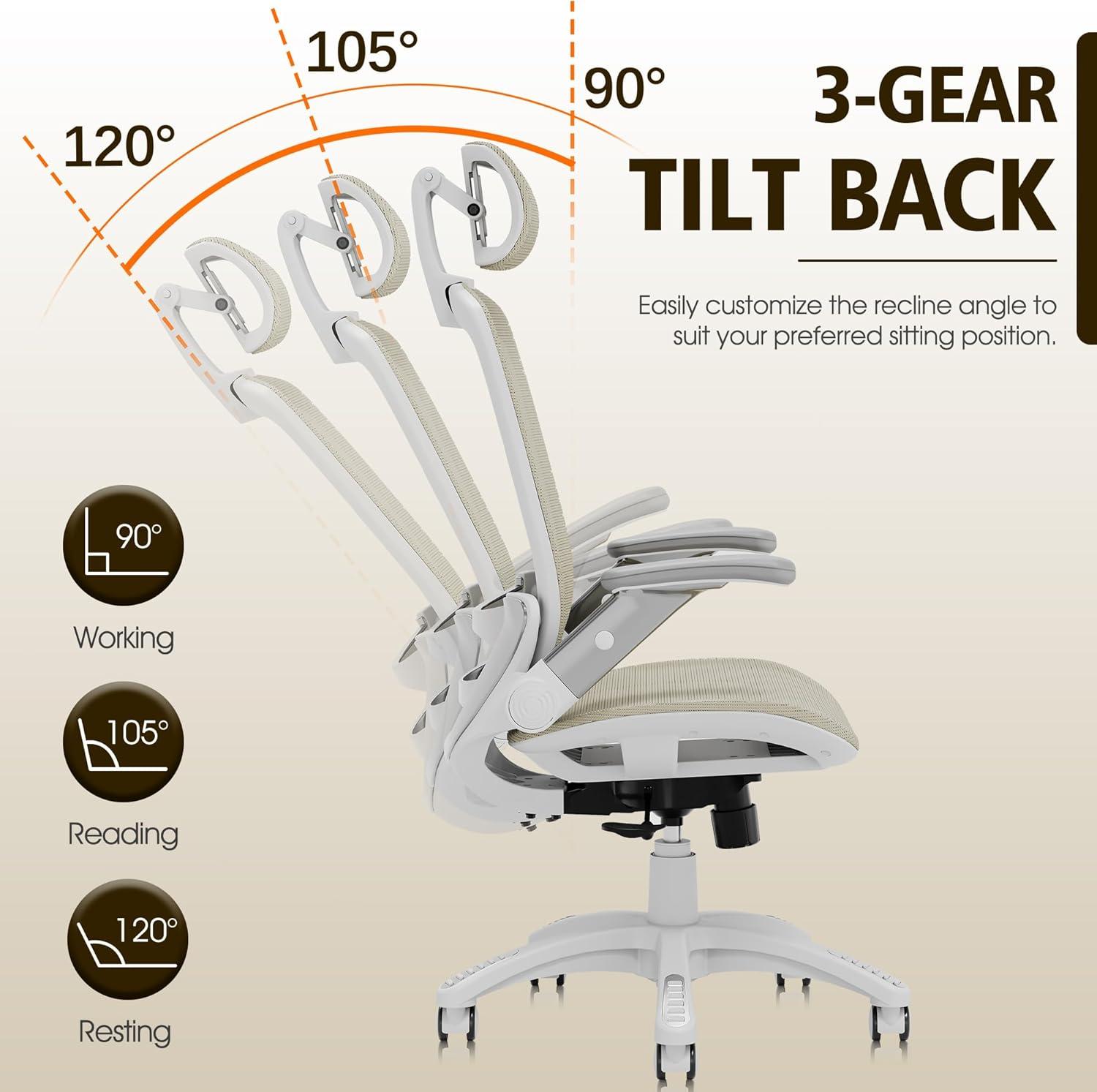 imageGABRYLLY Ergonomic Office Chair High Back Home Desk Chair with Headrest FlipUp Arms 90120 Tilt Lock and Wide Cushion Big and Tall Mesh Chairs for Man Woman Grey Task ChairWhite Frame Beige Mesh