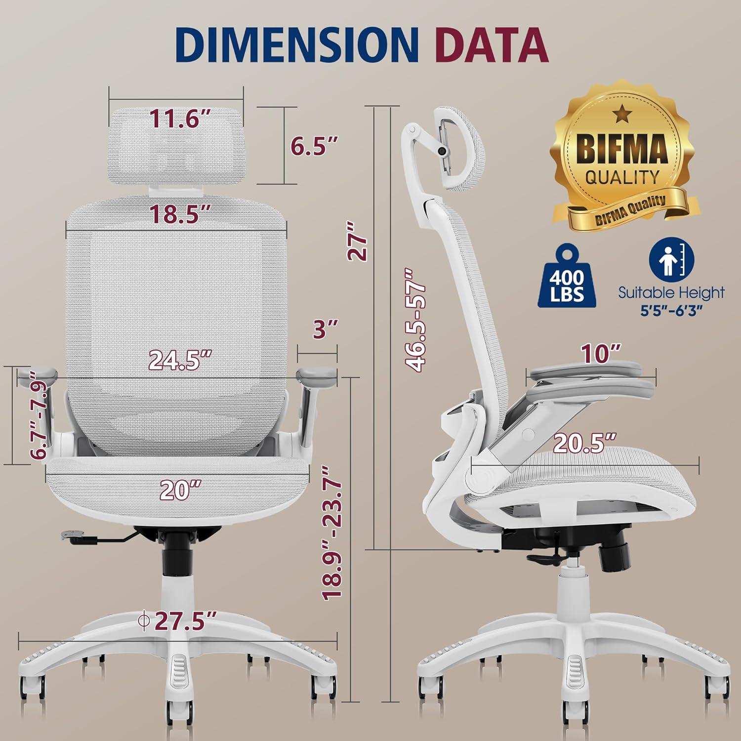 imageGABRYLLY Ergonomic Office Chair High Back Home Desk Chair with Headrest FlipUp Arms 90120 Tilt Lock and Wide Cushion Big and Tall Mesh Chairs for Man Woman Grey Task ChairWhite Frame Grey Mesh