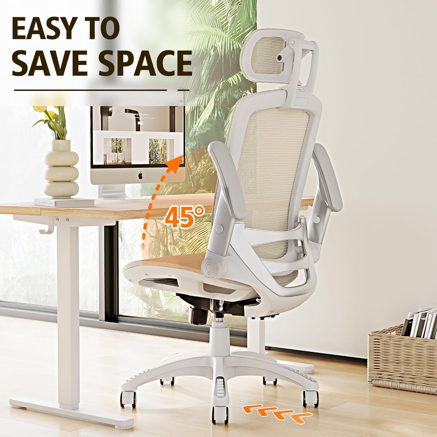 imageGABRYLLY Ergonomic Office Chair High Back Home Desk Chair with Headrest FlipUp Arms 90120 Tilt Lock and Wide Cushion Big and Tall Mesh Chairs for Man Woman Grey Task ChairWhite Frame Beige Mesh