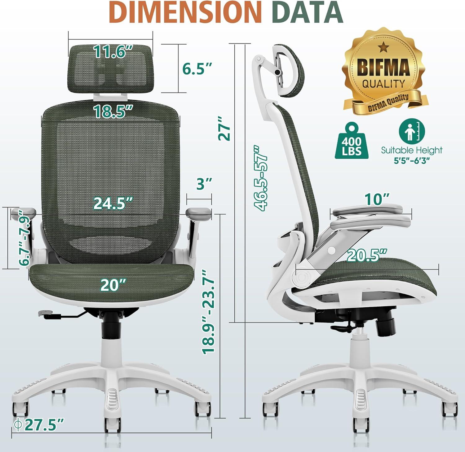 imageGABRYLLY Ergonomic Office Chair High Back Home Desk Chair with Headrest FlipUp Arms 90120 Tilt Lock and Wide Cushion Big and Tall Mesh Chairs for Man Woman Grey Task ChairWhite Frame Olive Green Mesh