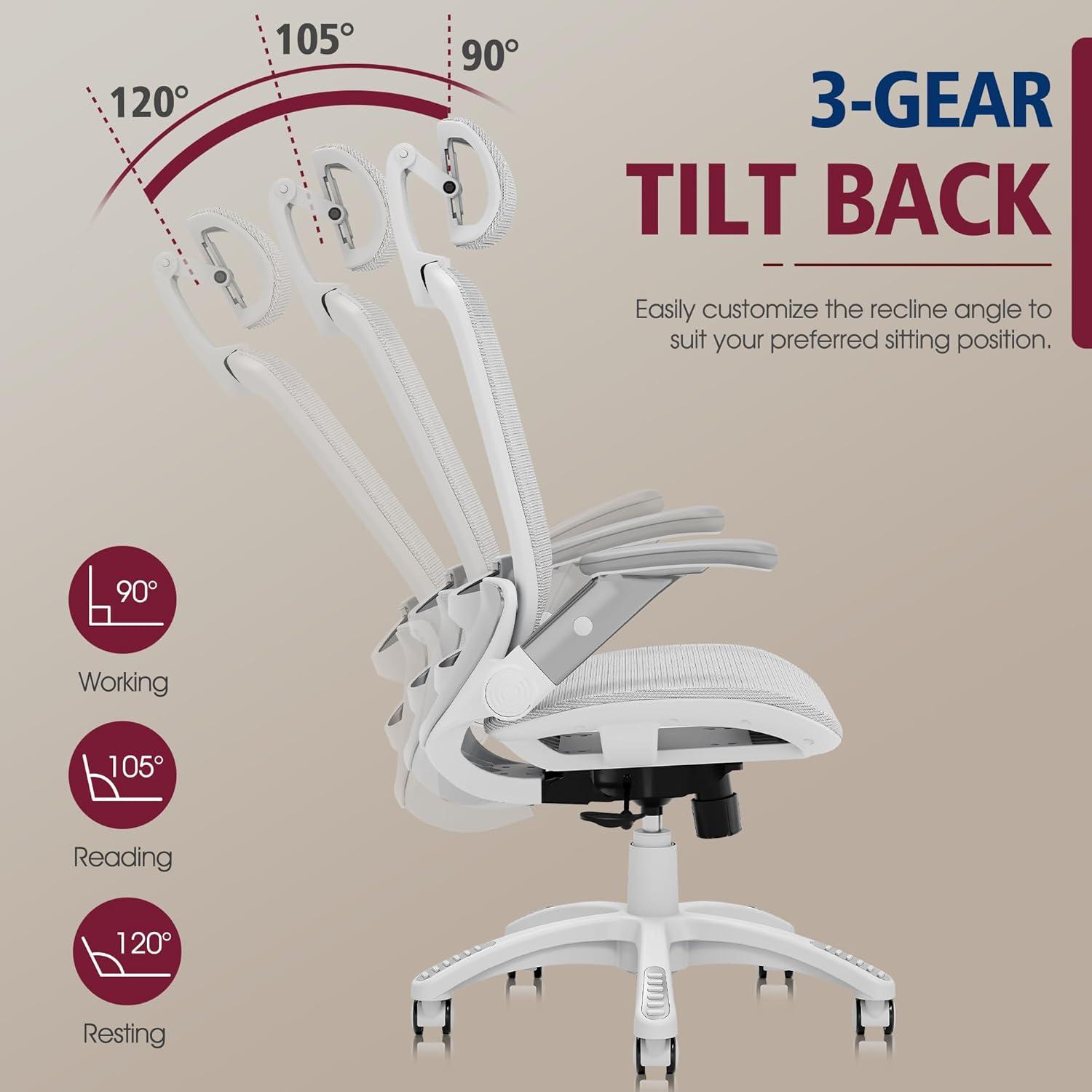 imageGABRYLLY Ergonomic Office Chair High Back Home Desk Chair with Headrest FlipUp Arms 90120 Tilt Lock and Wide Cushion Big and Tall Mesh Chairs for Man Woman Grey Task ChairWhite Frame Grey Mesh