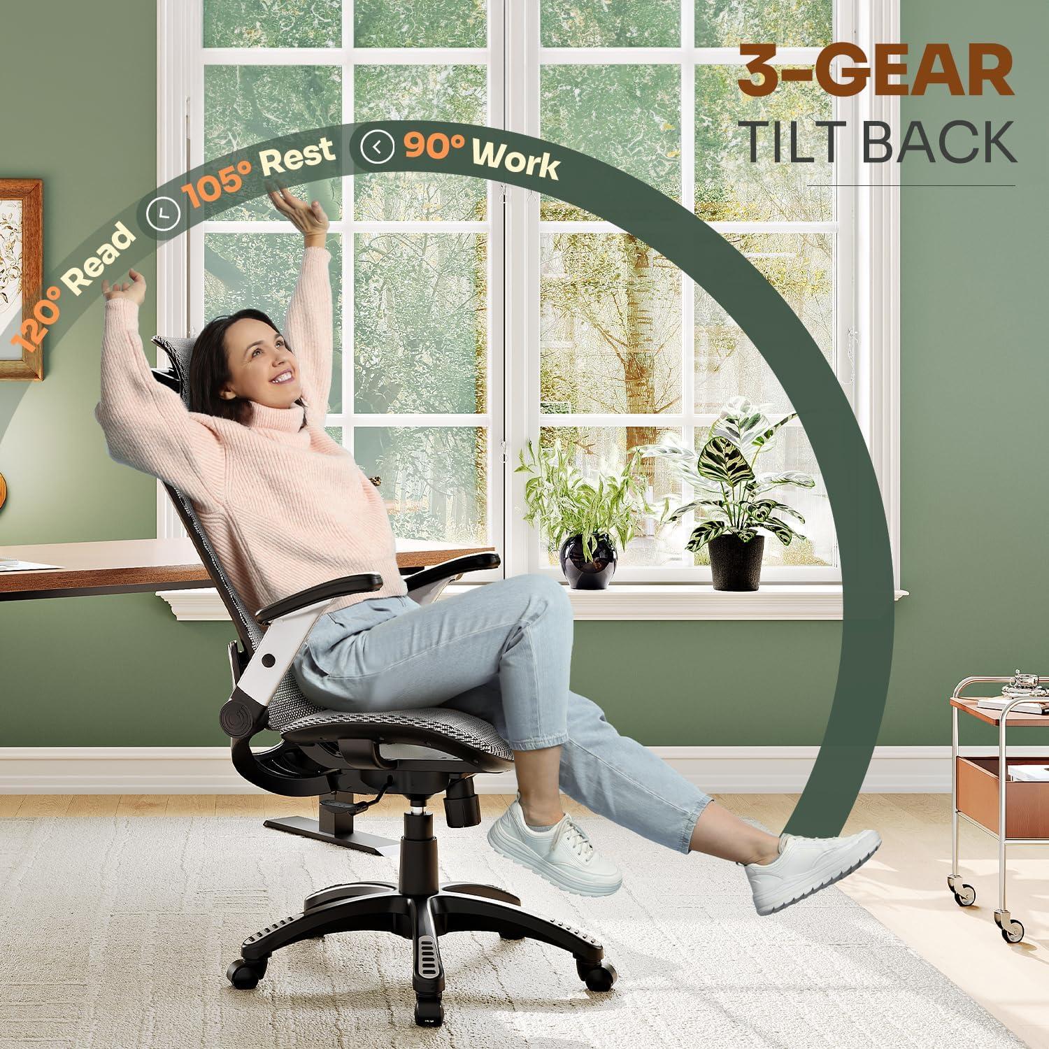 imageGABRYLLY Ergonomic Office Chair High Back Home Desk Chair with Headrest FlipUp Arms 90120 Tilt Lock and Wide Cushion Big and Tall Mesh Chairs for Man Woman Grey Task ChairGrey