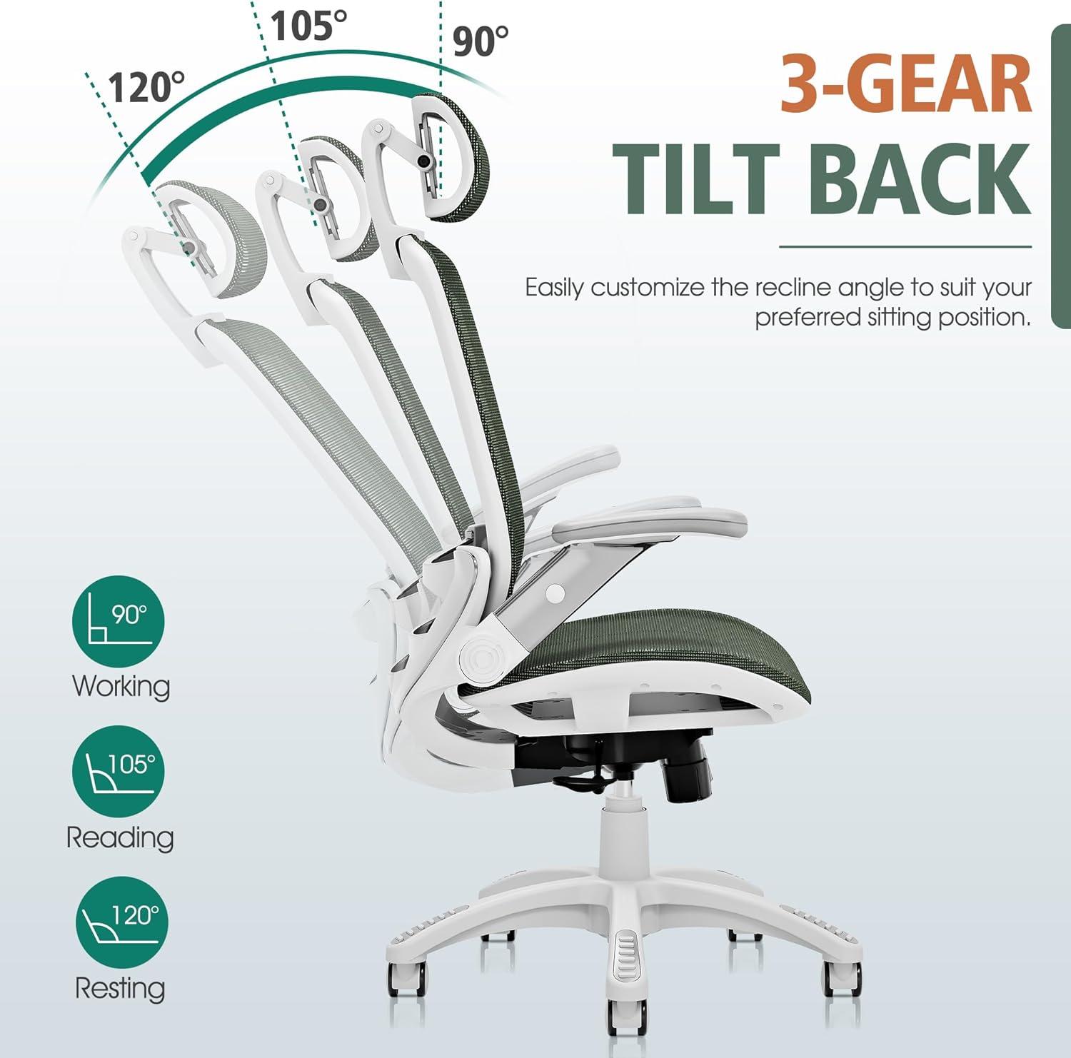 imageGABRYLLY Ergonomic Office Chair High Back Home Desk Chair with Headrest FlipUp Arms 90120 Tilt Lock and Wide Cushion Big and Tall Mesh Chairs for Man Woman Grey Task ChairWhite Frame Olive Green Mesh