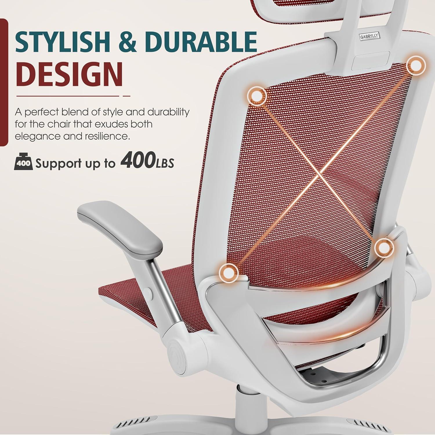 imageGABRYLLY Ergonomic Office Chair High Back Home Desk Chair with Headrest FlipUp Arms 90120 Tilt Lock and Wide Cushion Big and Tall Mesh Chairs for Man Woman Grey Task ChairWhite Frame Red Mesh