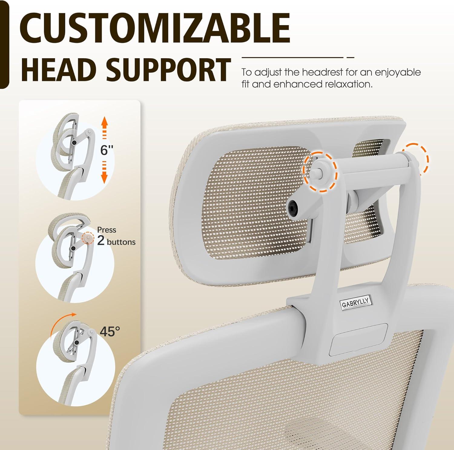 imageGABRYLLY Ergonomic Office Chair High Back Home Desk Chair with Headrest FlipUp Arms 90120 Tilt Lock and Wide Cushion Big and Tall Mesh Chairs for Man Woman Grey Task ChairWhite Frame Beige Mesh