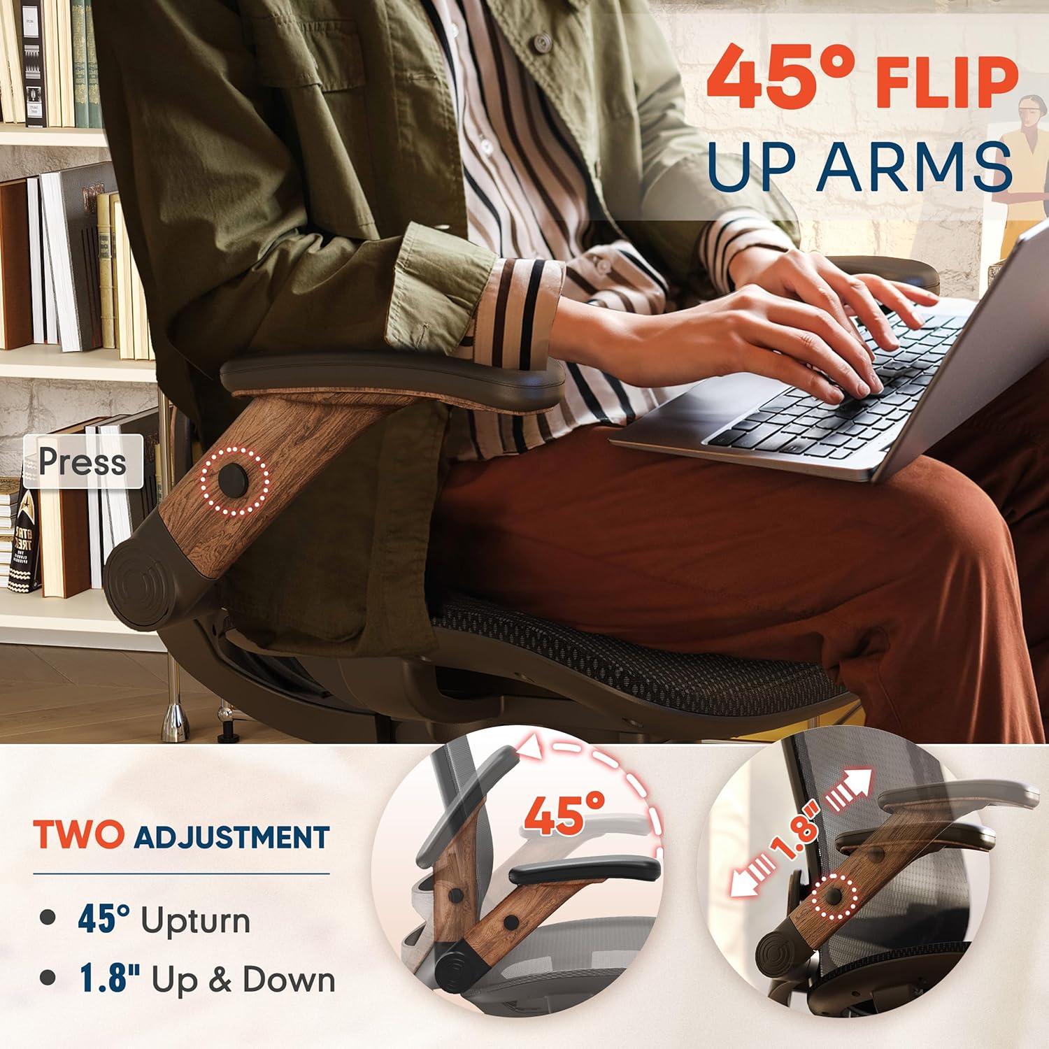 imageGABRYLLY Ergonomic Office Chair High Back Home Desk Chair with Headrest FlipUp Arms 90120 Tilt Lock and Wide Cushion Big and Tall Mesh Chairs for Man Woman Grey Task ChairBlack Frame Dark Woodgrain