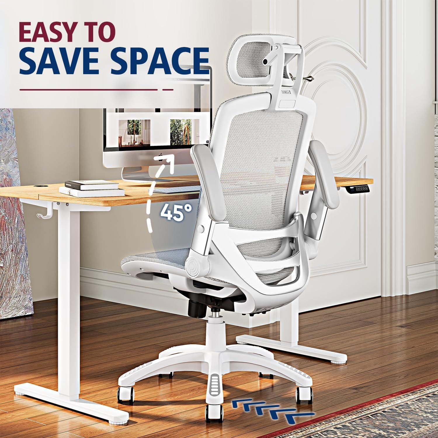 imageGABRYLLY Ergonomic Office Chair High Back Home Desk Chair with Headrest FlipUp Arms 90120 Tilt Lock and Wide Cushion Big and Tall Mesh Chairs for Man Woman Grey Task ChairWhite Frame Grey Mesh