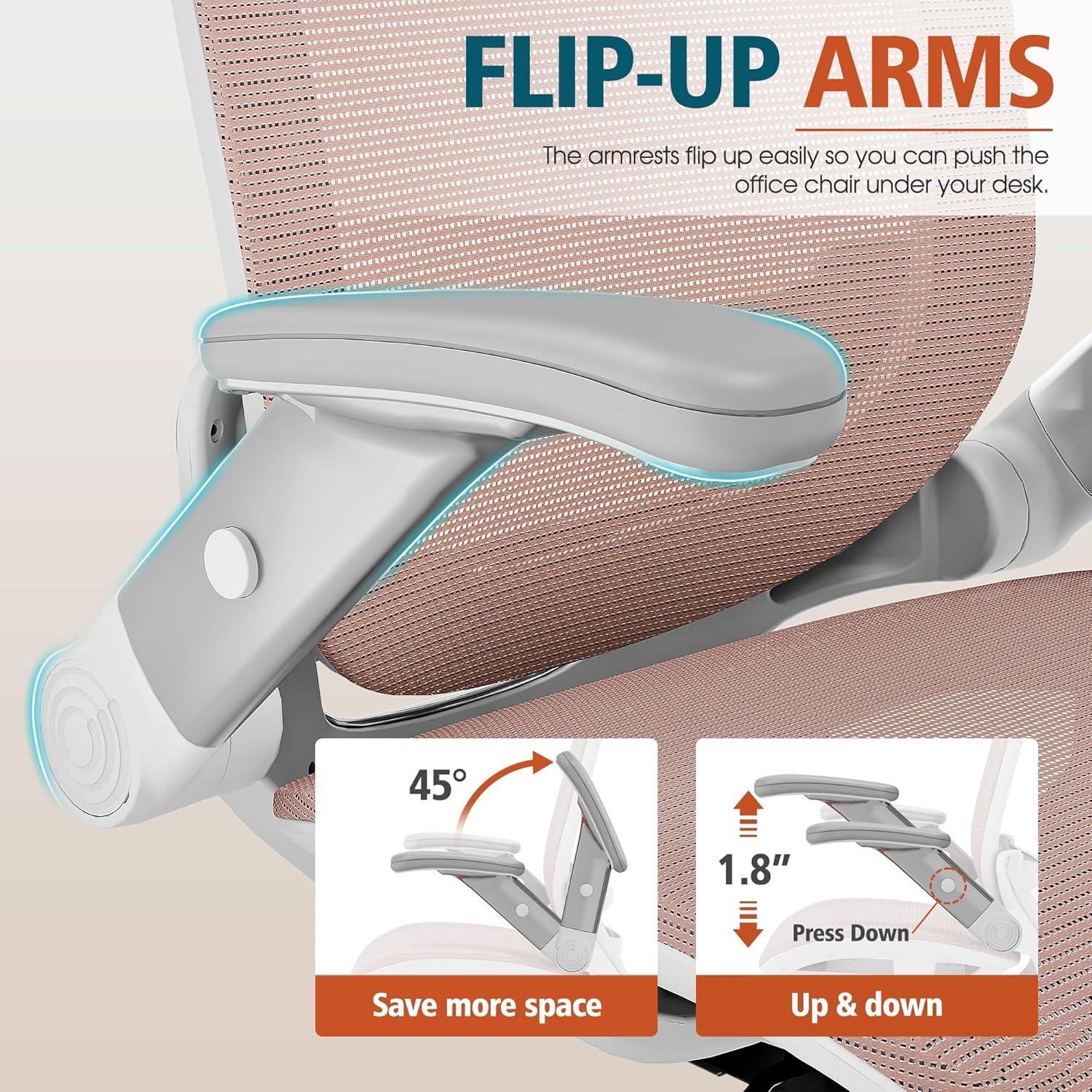 imageGABRYLLY Ergonomic Office Chair High Back Home Desk Chair with Headrest FlipUp Arms 90120 Tilt Lock and Wide Cushion Big and Tall Mesh Chairs for Man Woman Grey Task ChairWhite Frame Pink Mesh