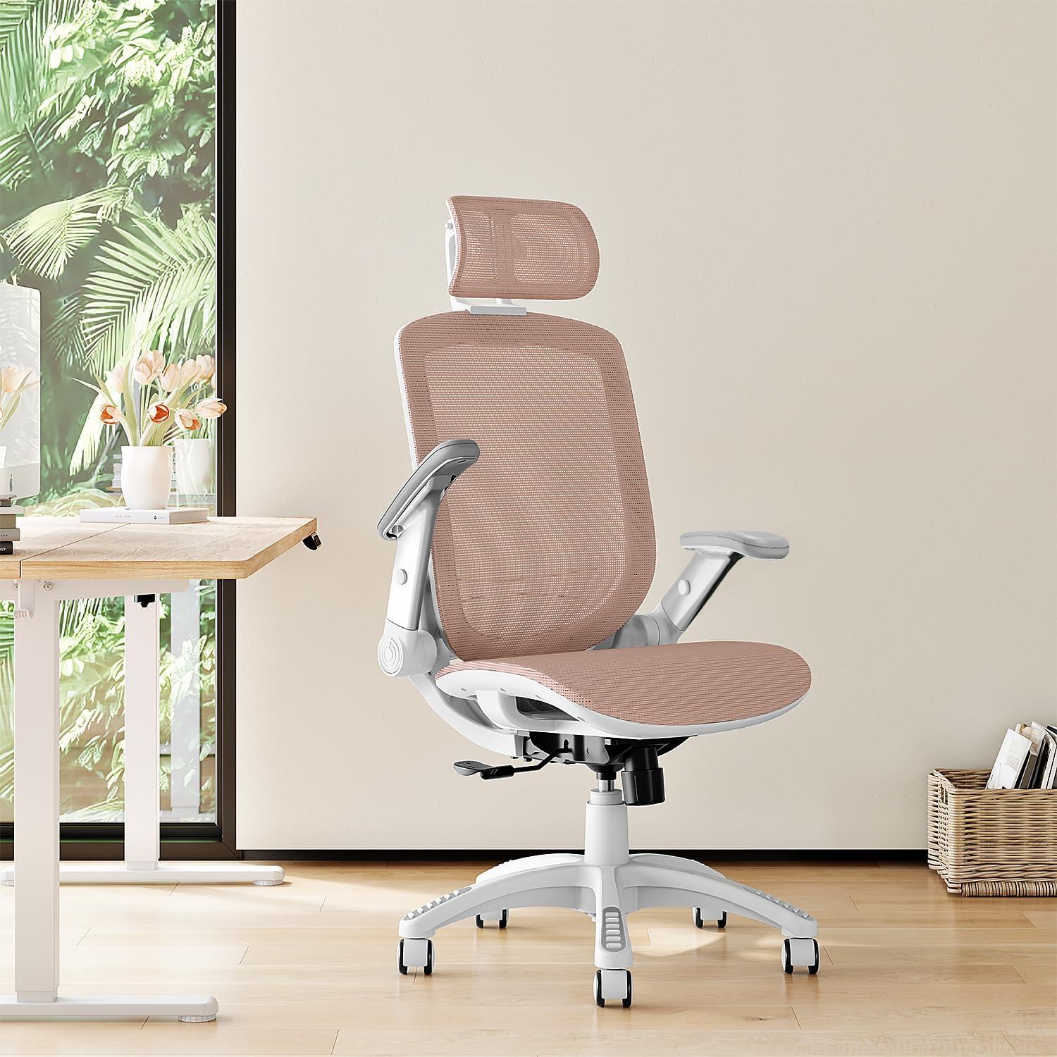 imageGABRYLLY Ergonomic Office Chair High Back Home Desk Chair with Headrest FlipUp Arms 90120 Tilt Lock and Wide Cushion Big and Tall Mesh Chairs for Man Woman Grey Task ChairWhite Frame Pink Mesh