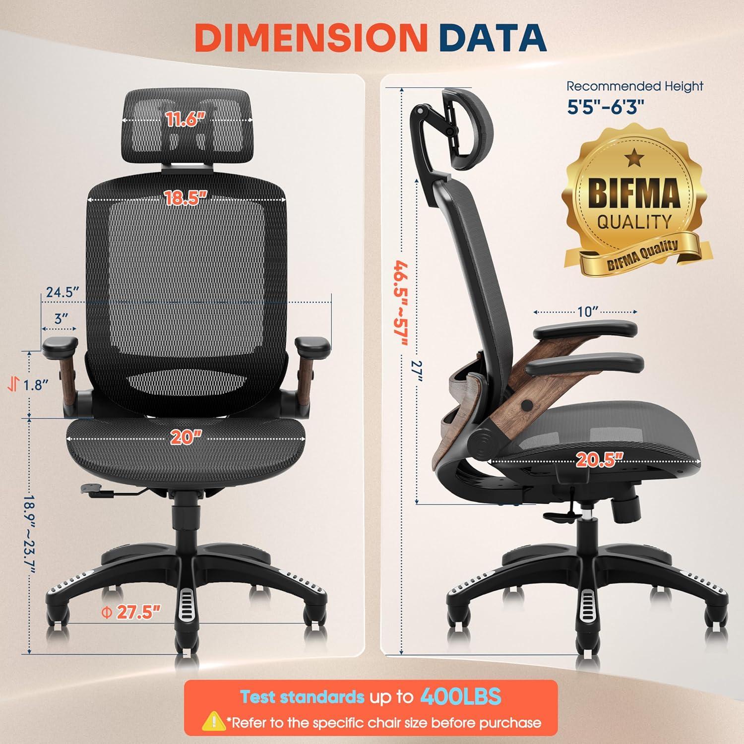 imageGABRYLLY Ergonomic Office Chair High Back Home Desk Chair with Headrest FlipUp Arms 90120 Tilt Lock and Wide Cushion Big and Tall Mesh Chairs for Man Woman Grey Task ChairBlack Frame Dark Woodgrain