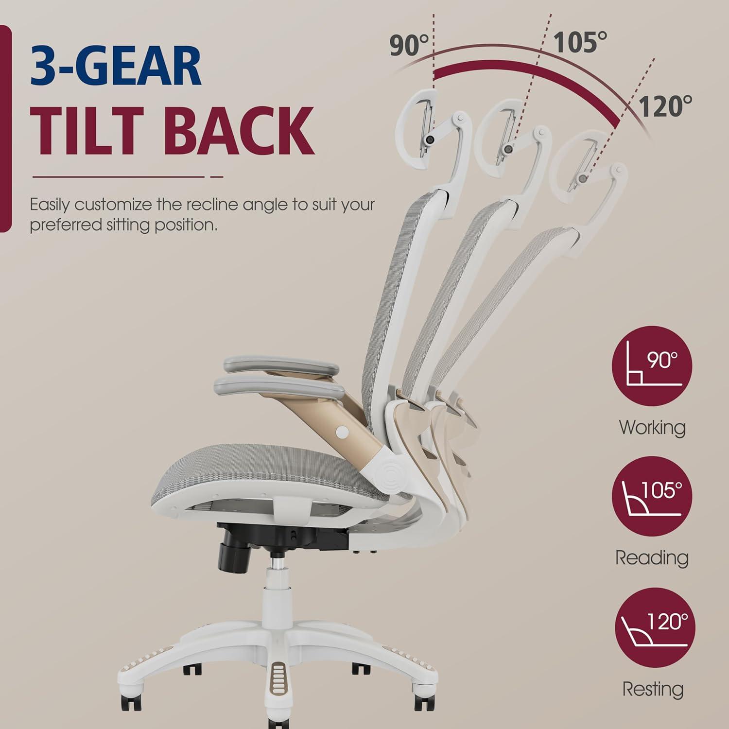 imageGABRYLLY Ergonomic Office Chair High Back Home Desk Chair with Headrest FlipUp Arms 90120 Tilt Lock and Wide Cushion Big and Tall Mesh Chairs for Man Woman Grey Task ChairWhite Frame Black With Subtle White Undertones Mesh