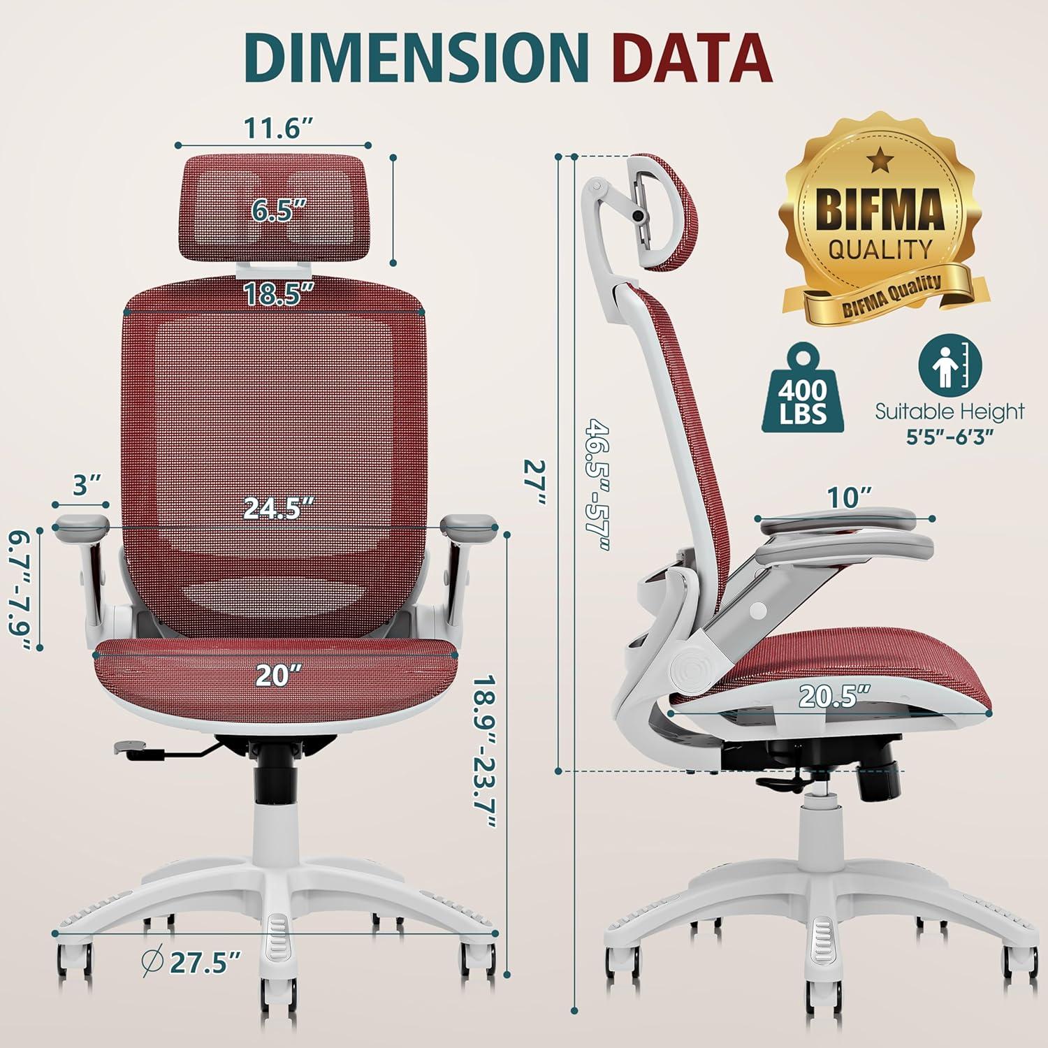 imageGABRYLLY Ergonomic Office Chair High Back Home Desk Chair with Headrest FlipUp Arms 90120 Tilt Lock and Wide Cushion Big and Tall Mesh Chairs for Man Woman Grey Task ChairWhite Frame Red Mesh