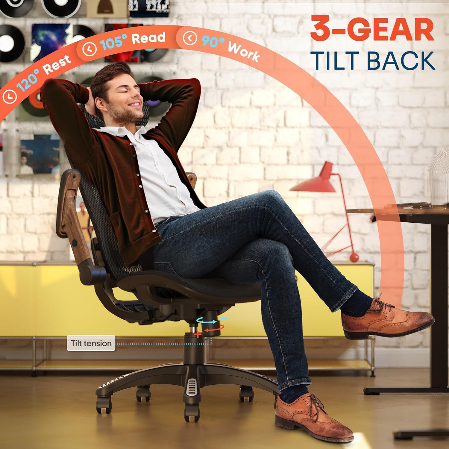 imageGABRYLLY Ergonomic Office Chair High Back Home Desk Chair with Headrest FlipUp Arms 90120 Tilt Lock and Wide Cushion Big and Tall Mesh Chairs for Man Woman Grey Task ChairBlack Frame Dark Woodgrain