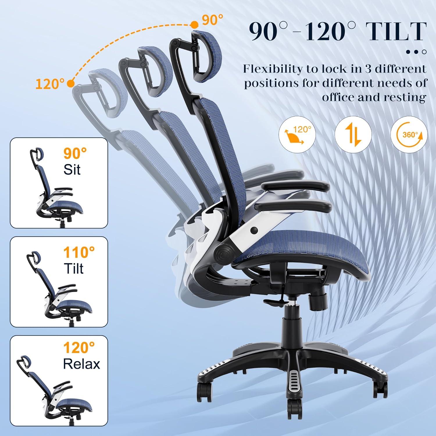 imageGABRYLLY Ergonomic Office Chair High Back Home Desk Chair with Headrest FlipUp Arms 90120 Tilt Lock and Wide Cushion Big and Tall Mesh Chairs for Man Woman Grey Task ChairNavy Blue
