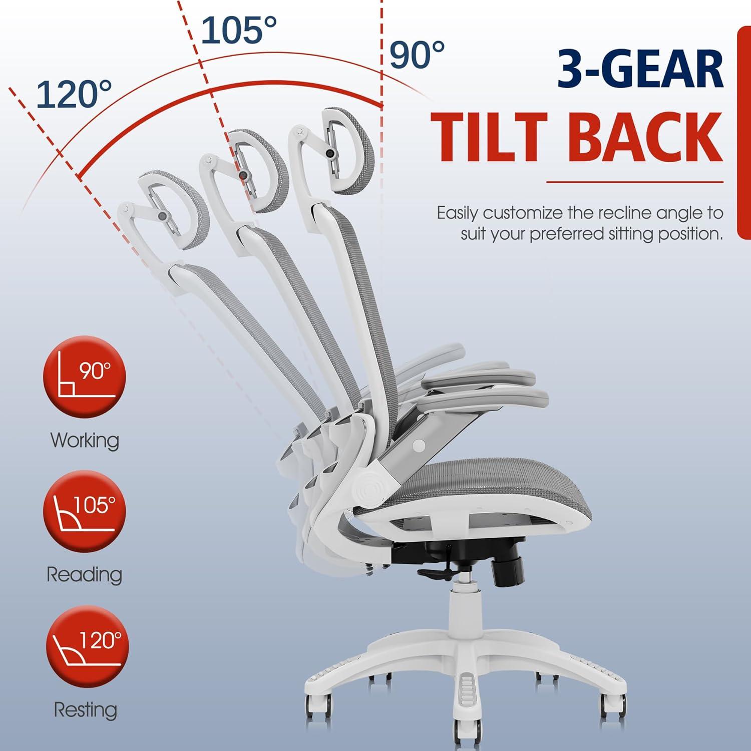 imageGABRYLLY Ergonomic Office Chair High Back Home Desk Chair with Headrest FlipUp Arms 90120 Tilt Lock and Wide Cushion Big and Tall Mesh Chairs for Man Woman Grey Task ChairWhite Frame Dark Grey Mesh