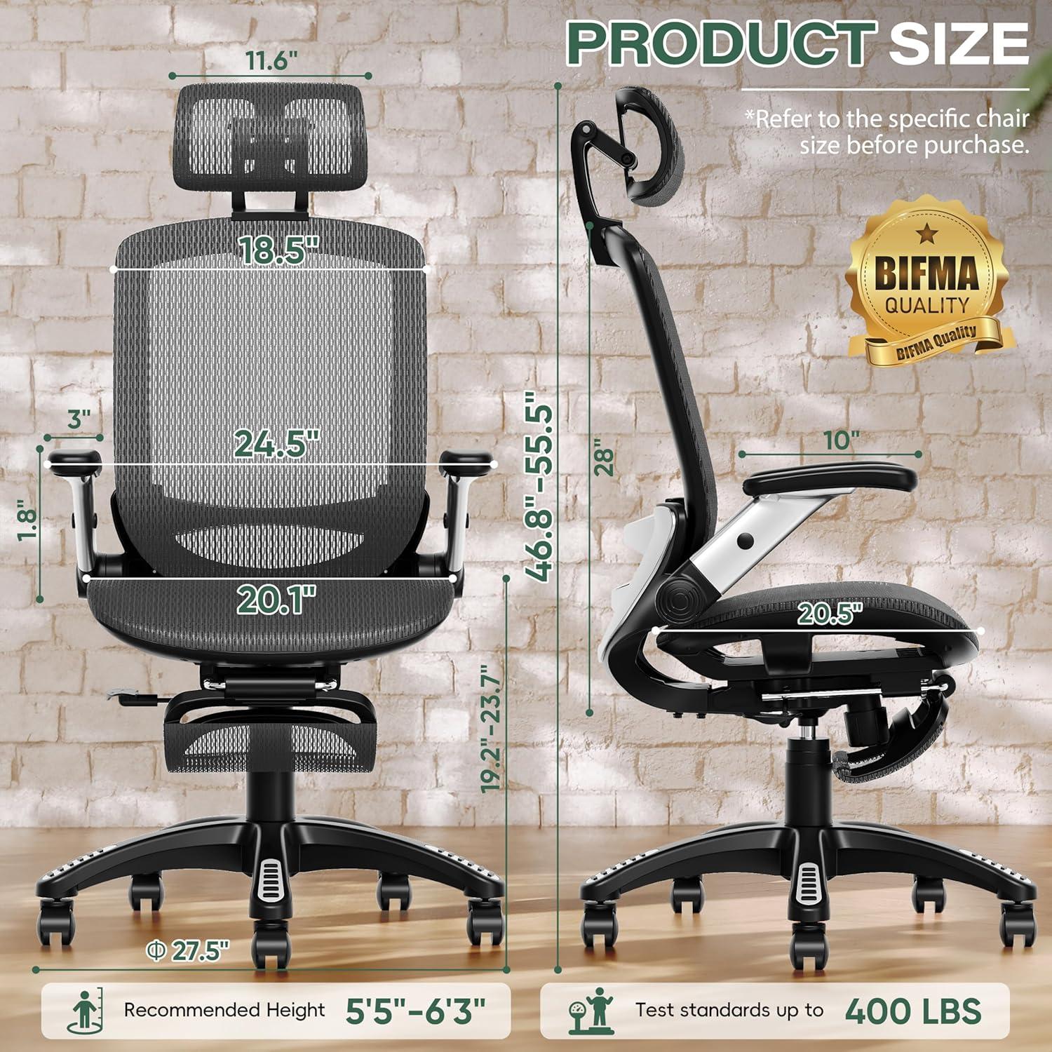 imageGABRYLLY Ergonomic Office Chair High Back Home Desk Chair with Headrest FlipUp Arms 90120 Tilt Lock and Wide Cushion Big and Tall Mesh Chairs for Man Woman Grey Task ChairObsidian Black