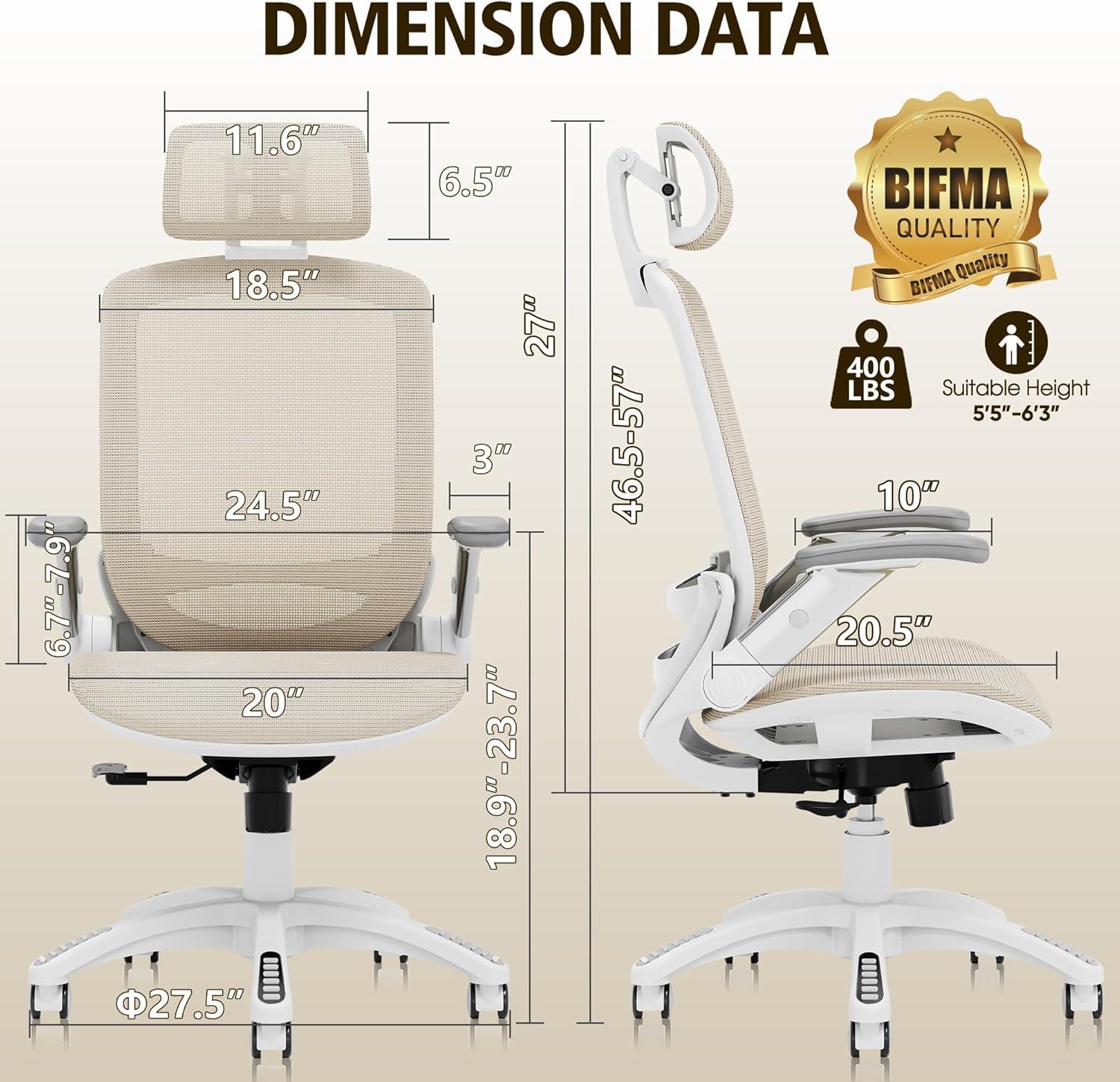imageGABRYLLY Ergonomic Office Chair High Back Home Desk Chair with Headrest FlipUp Arms 90120 Tilt Lock and Wide Cushion Big and Tall Mesh Chairs for Man Woman Grey Task ChairWhite Frame Beige Mesh