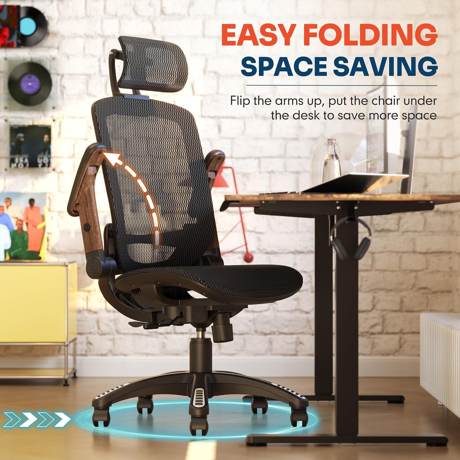 imageGABRYLLY Ergonomic Office Chair High Back Home Desk Chair with Headrest FlipUp Arms 90120 Tilt Lock and Wide Cushion Big and Tall Mesh Chairs for Man Woman Grey Task ChairBlack Frame Dark Woodgrain