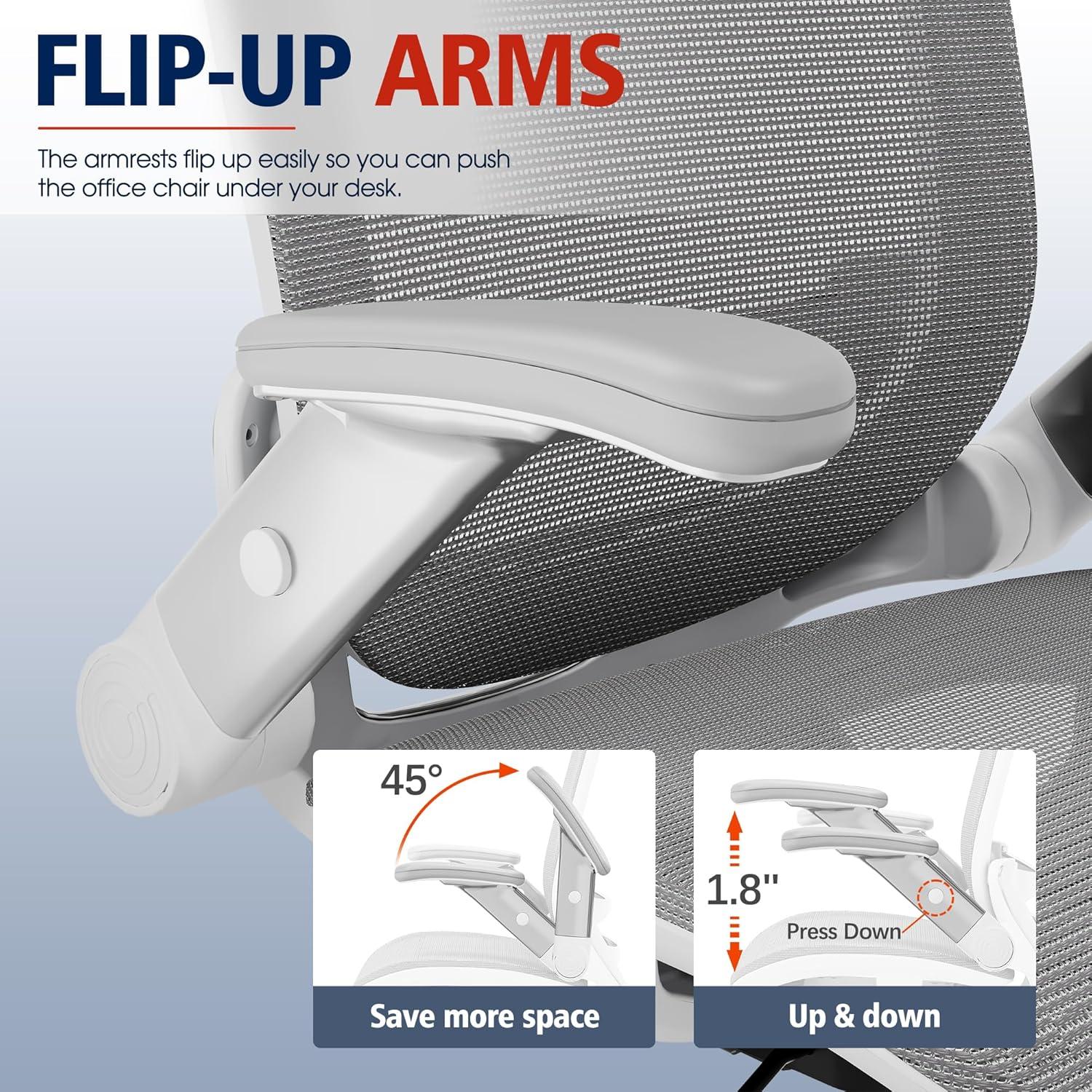 imageGABRYLLY Ergonomic Office Chair High Back Home Desk Chair with Headrest FlipUp Arms 90120 Tilt Lock and Wide Cushion Big and Tall Mesh Chairs for Man Woman Grey Task ChairWhite Frame Dark Grey Mesh