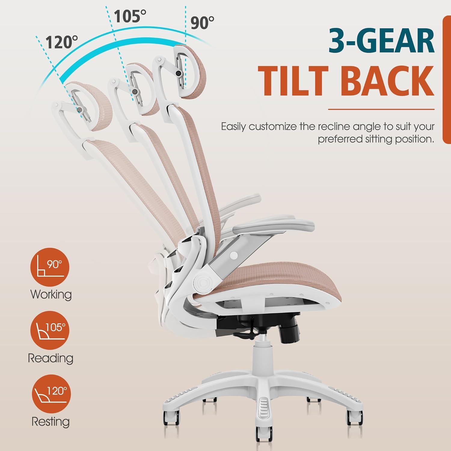imageGABRYLLY Ergonomic Office Chair High Back Home Desk Chair with Headrest FlipUp Arms 90120 Tilt Lock and Wide Cushion Big and Tall Mesh Chairs for Man Woman Grey Task ChairWhite Frame Pink Mesh