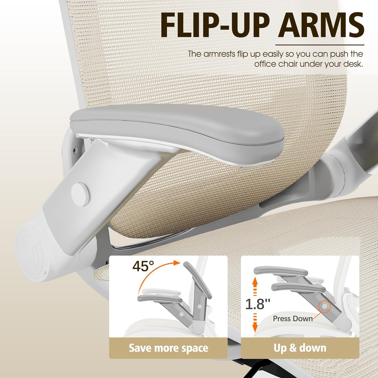 imageGABRYLLY Ergonomic Office Chair High Back Home Desk Chair with Headrest FlipUp Arms 90120 Tilt Lock and Wide Cushion Big and Tall Mesh Chairs for Man Woman Grey Task ChairWhite Frame Beige Mesh