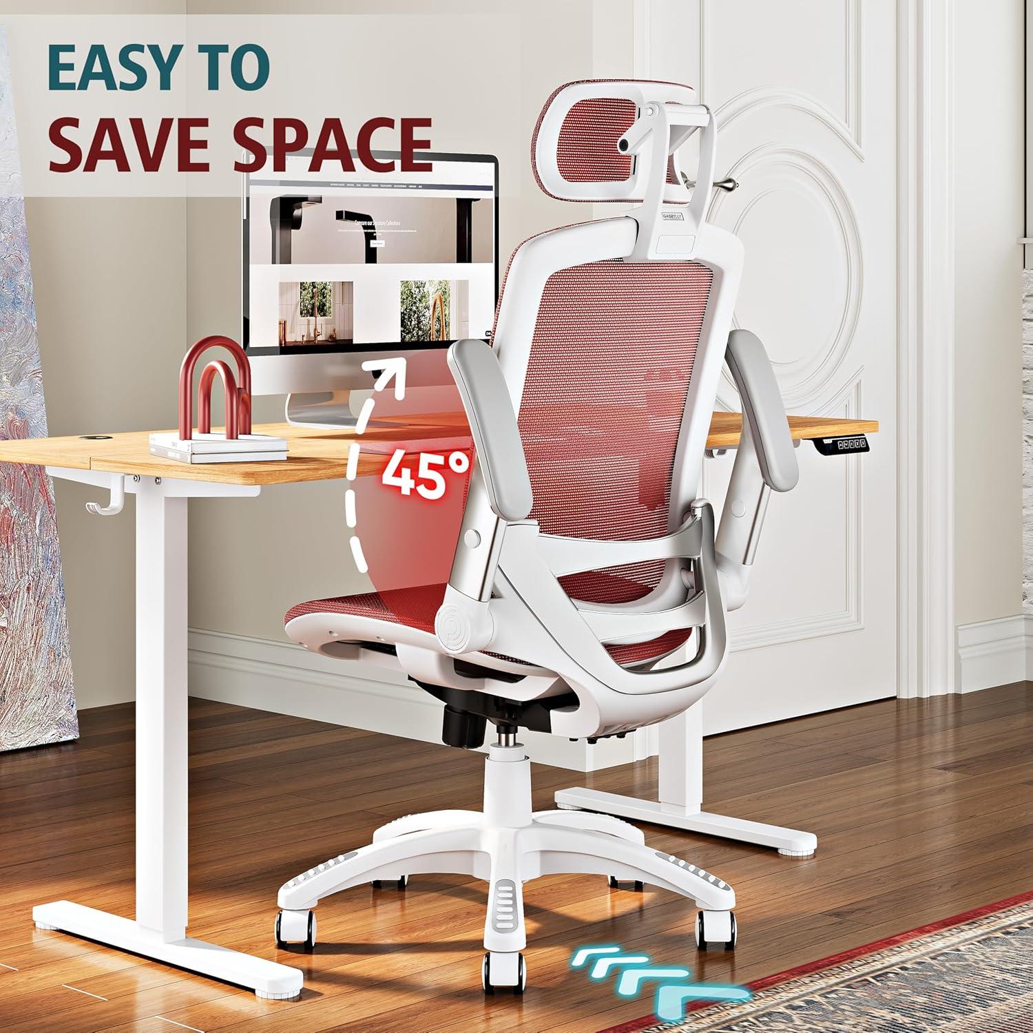 imageGABRYLLY Ergonomic Office Chair High Back Home Desk Chair with Headrest FlipUp Arms 90120 Tilt Lock and Wide Cushion Big and Tall Mesh Chairs for Man Woman Grey Task ChairWhite Frame Red Mesh