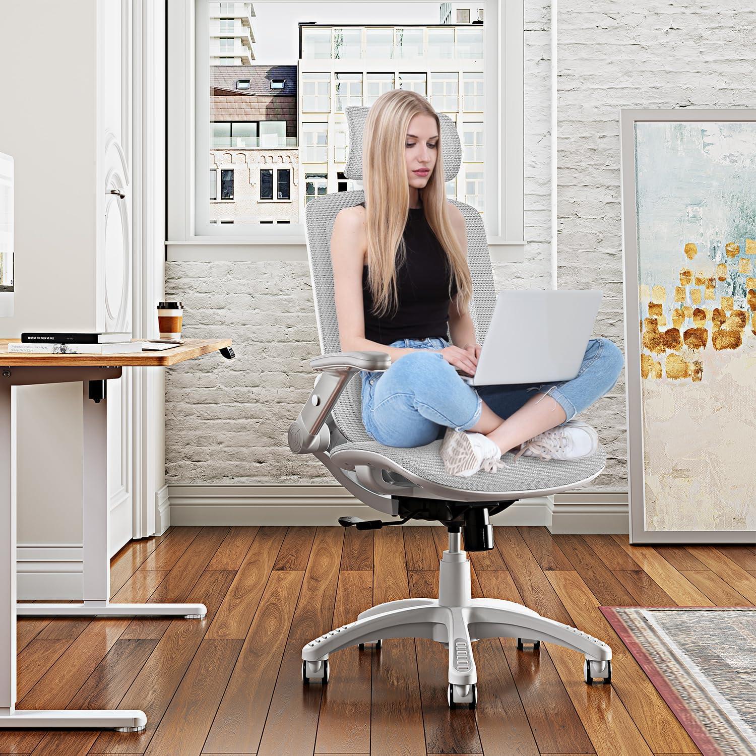 imageGABRYLLY Ergonomic Office Chair High Back Home Desk Chair with Headrest FlipUp Arms 90120 Tilt Lock and Wide Cushion Big and Tall Mesh Chairs for Man Woman Grey Task ChairWhite Frame Grey Mesh