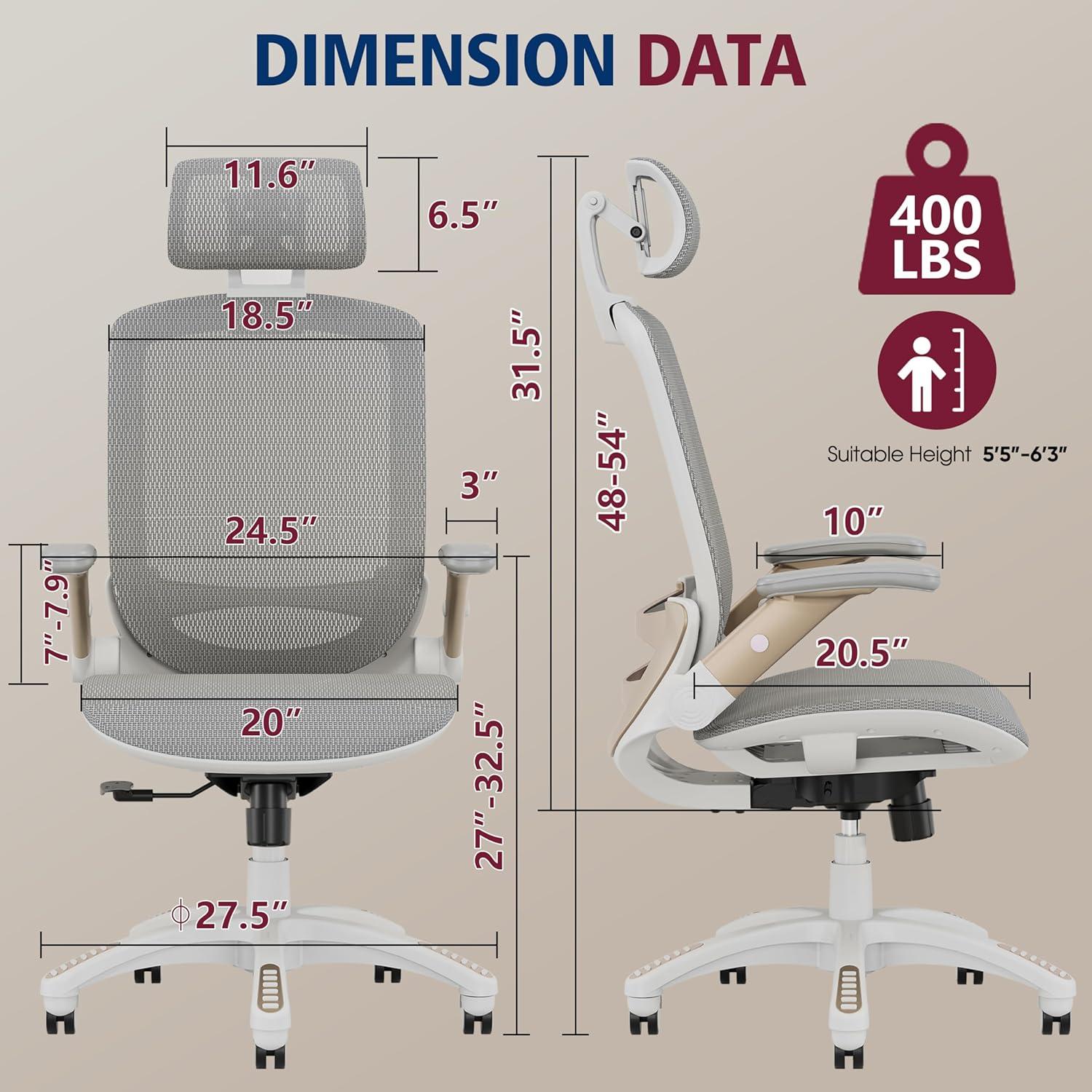 imageGABRYLLY Ergonomic Office Chair High Back Home Desk Chair with Headrest FlipUp Arms 90120 Tilt Lock and Wide Cushion Big and Tall Mesh Chairs for Man Woman Grey Task ChairWhite Frame Black With Subtle White Undertones Mesh