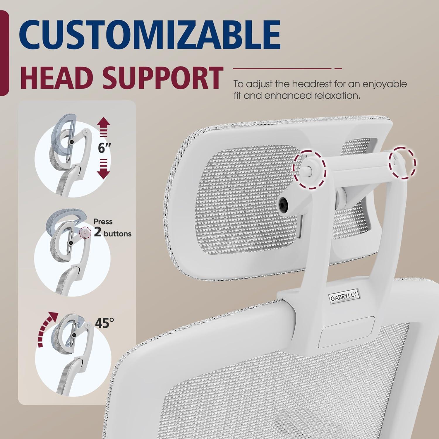 imageGABRYLLY Ergonomic Office Chair High Back Home Desk Chair with Headrest FlipUp Arms 90120 Tilt Lock and Wide Cushion Big and Tall Mesh Chairs for Man Woman Grey Task ChairWhite Frame Grey Mesh