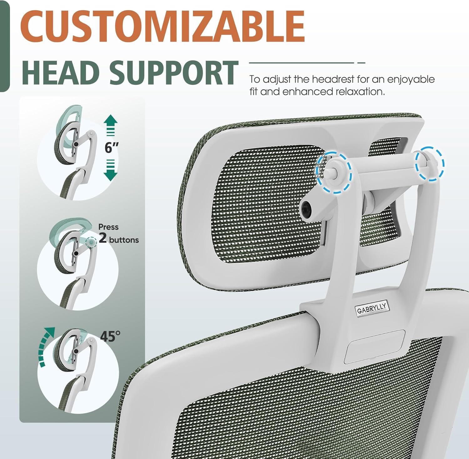 imageGABRYLLY Ergonomic Office Chair High Back Home Desk Chair with Headrest FlipUp Arms 90120 Tilt Lock and Wide Cushion Big and Tall Mesh Chairs for Man Woman Grey Task ChairWhite Frame Olive Green Mesh