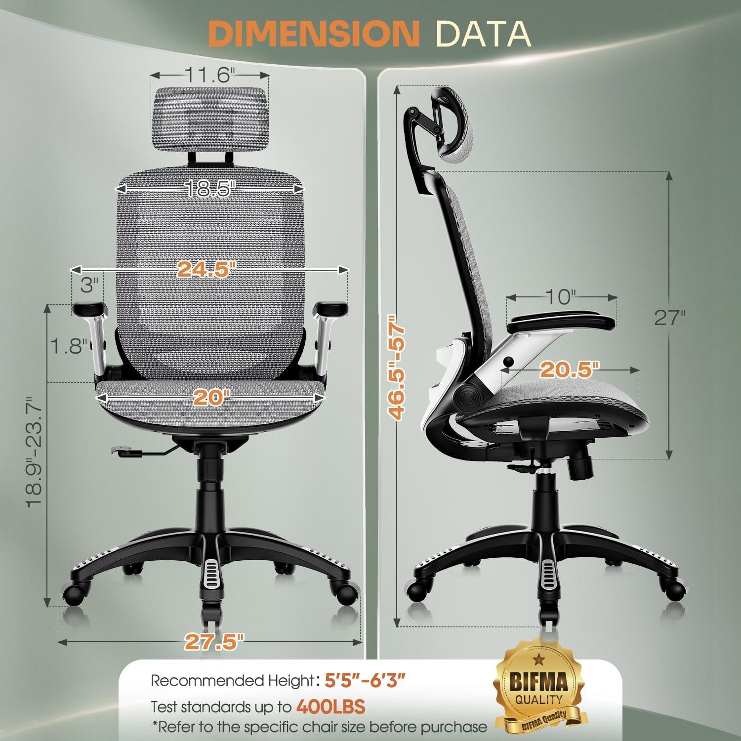 imageGABRYLLY Ergonomic Office Chair High Back Home Desk Chair with Headrest FlipUp Arms 90120 Tilt Lock and Wide Cushion Big and Tall Mesh Chairs for Man Woman Grey Task ChairGrey