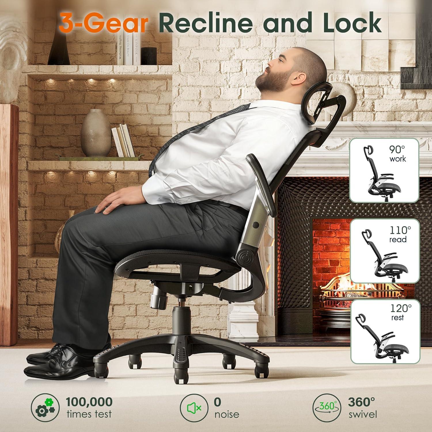 imageGABRYLLY Ergonomic Office Chair High Back Home Desk Chair with Headrest FlipUp Arms 90120 Tilt Lock and Wide Cushion Big and Tall Mesh Chairs for Man Woman Grey Task ChairBlack
