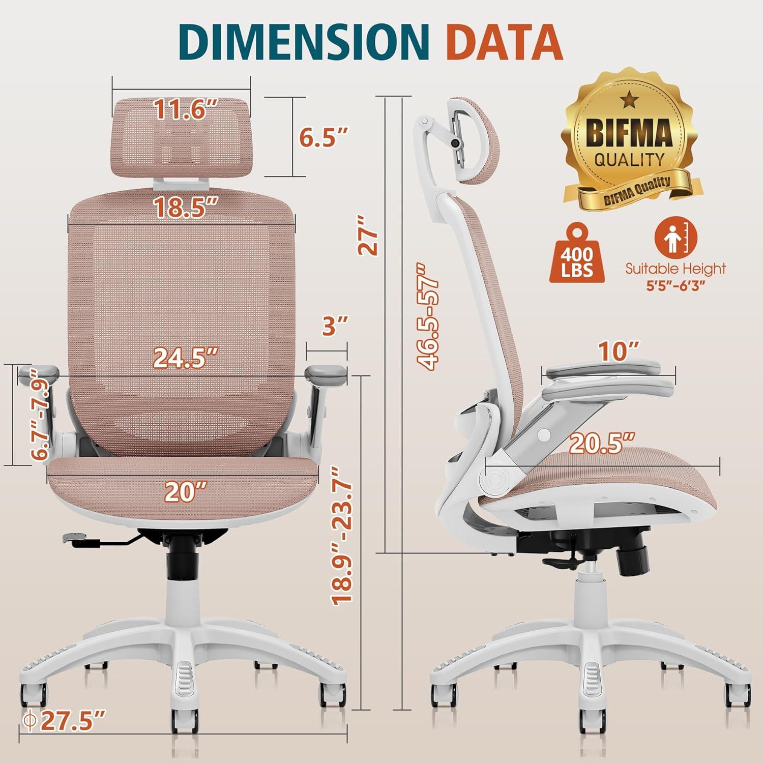 imageGABRYLLY Ergonomic Office Chair High Back Home Desk Chair with Headrest FlipUp Arms 90120 Tilt Lock and Wide Cushion Big and Tall Mesh Chairs for Man Woman Grey Task ChairWhite Frame Pink Mesh