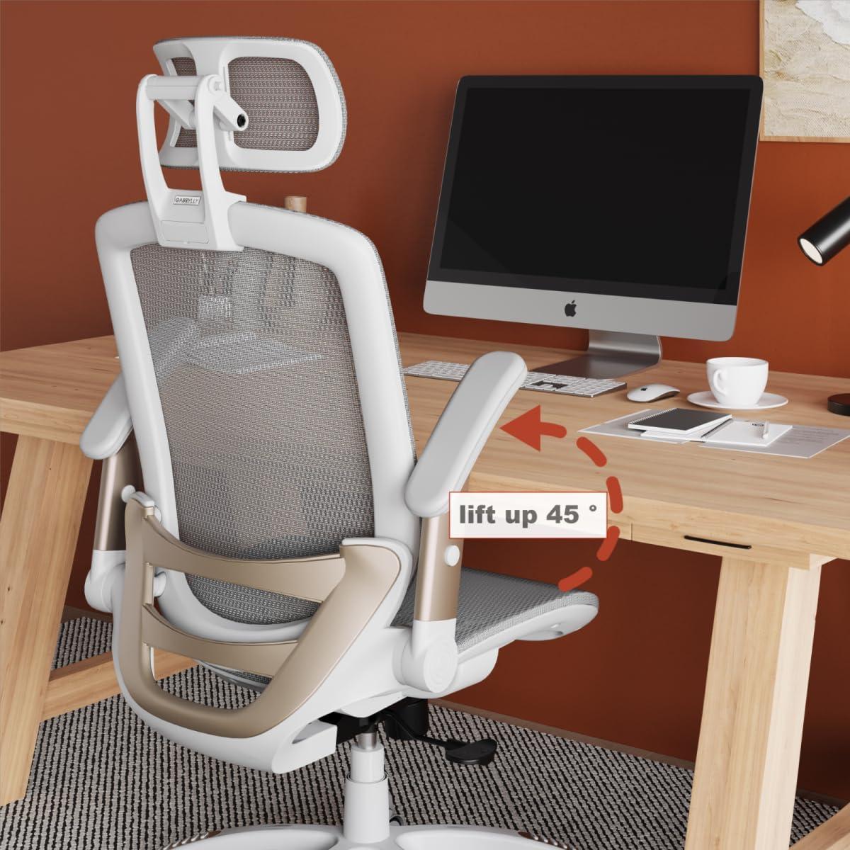 imageGABRYLLY Ergonomic Office Chair High Back Home Desk Chair with Headrest FlipUp Arms 90120 Tilt Lock and Wide Cushion Big and Tall Mesh Chairs for Man Woman Grey Task ChairWhite Frame Black With Subtle White Undertones Mesh