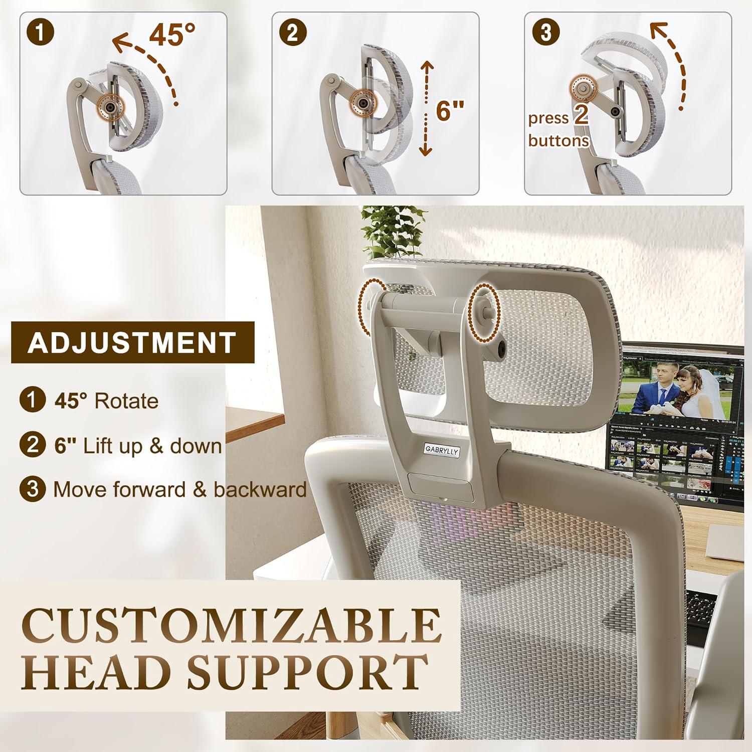 imageGABRYLLY Ergonomic Office Chair High Back Home Desk Chair with Headrest FlipUp Arms 90120 Tilt Lock and Wide Cushion Big and Tall Mesh Chairs for Man Woman Grey Task ChairWhite Frame Moon Grey Mesh