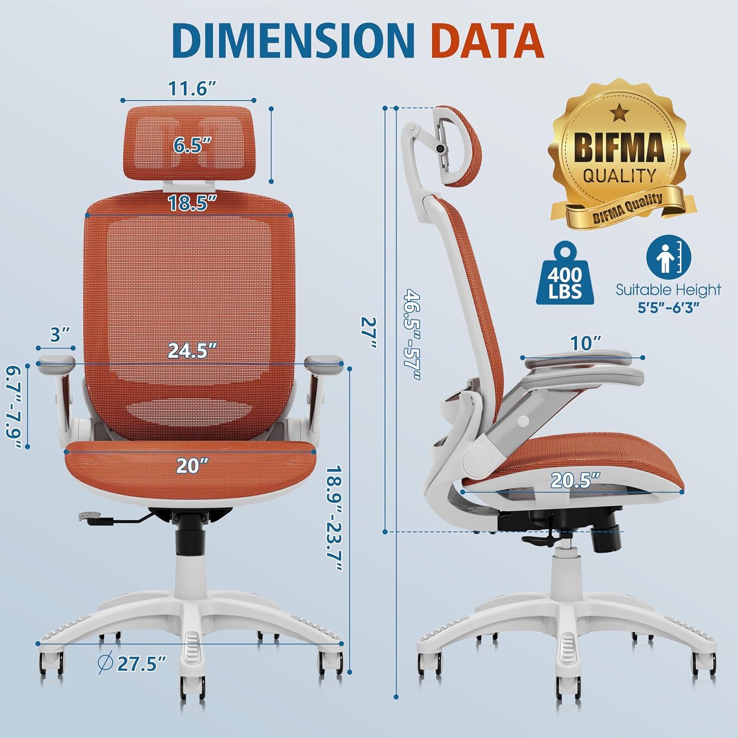 imageGABRYLLY Ergonomic Office Chair High Back Home Desk Chair with Headrest FlipUp Arms 90120 Tilt Lock and Wide Cushion Big and Tall Mesh Chairs for Man Woman Grey Task ChairWhite Frame Orange Mesh
